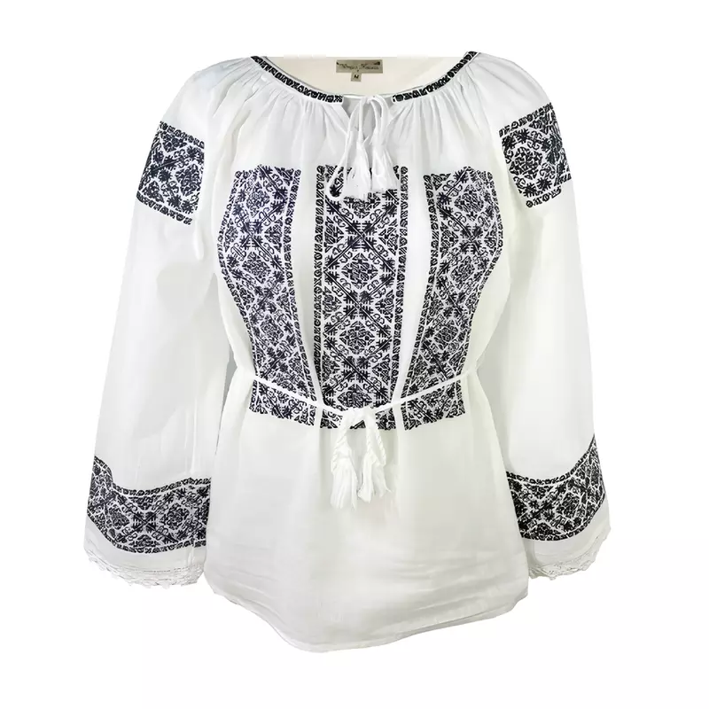 Bluza Tip Ie Alba cu Motiv Geometric Negru - BMG84