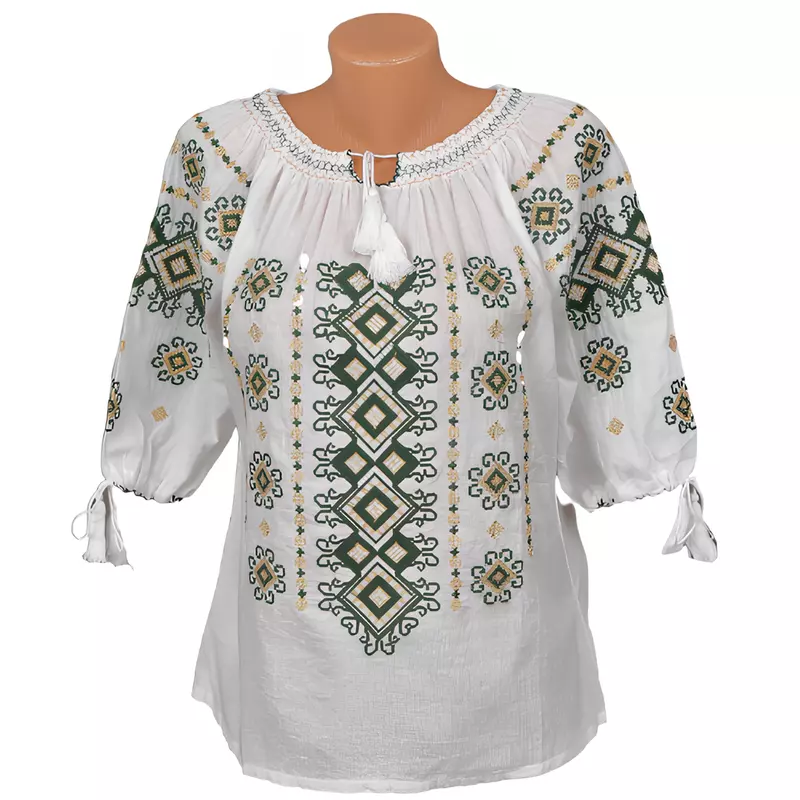 Bluza Tip Ie Alba cu Motiv Floral Verde - BMG39
