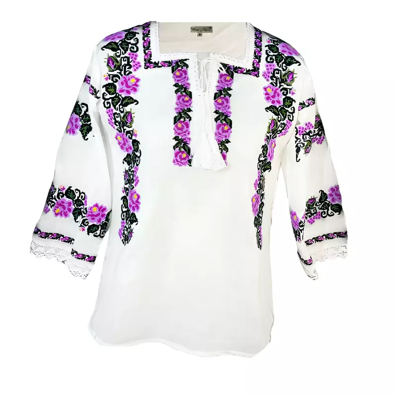 Bluza alba cu motiv floral mov  - BMG135