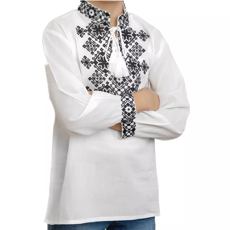 Camasa Tip Ie Traditionala de Baieti Alba cu Motiv Floral Albastru - ITB44