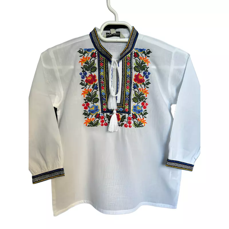 Camasa Tip Ie Traditionala de Baieti Alba cu Motiv Floral Multicolor  - ITB100