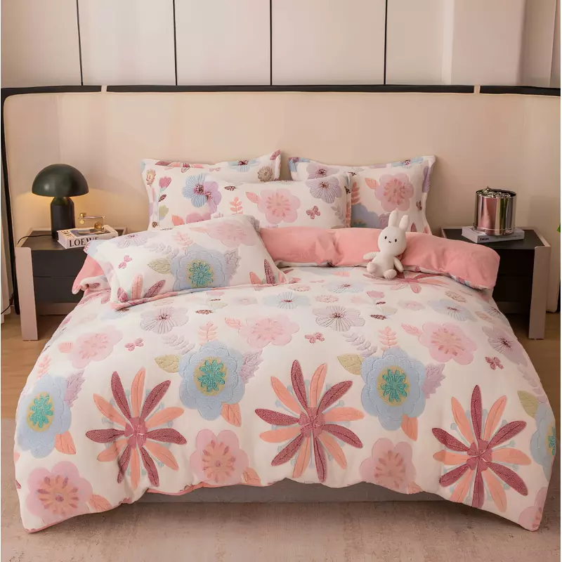 Lenjerie Cocolino 4 Piese Pentru Pat Dublu cu Elastic - JOJ646 Floare Roz