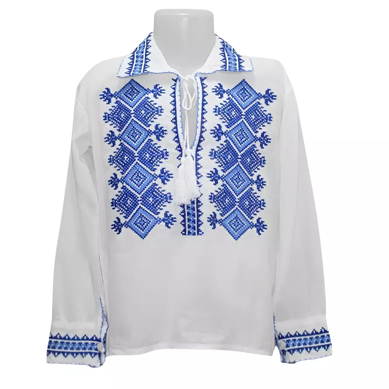Camasa Tip Ie Traditionala de Baieti Alba cu Motiv Floral Albastru -  ITB24
