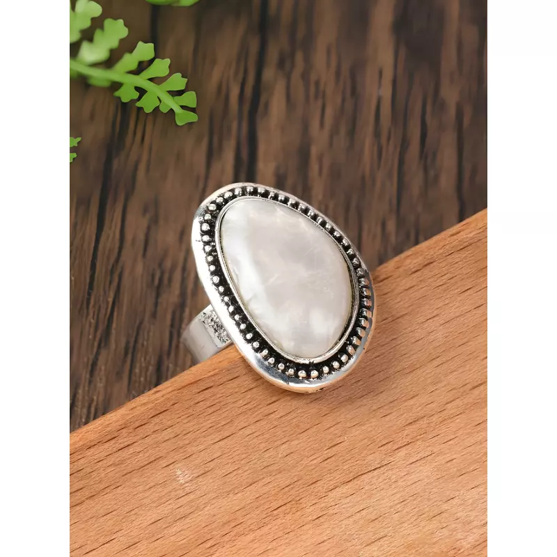Inel Ajustabil Geometric cu Piatra Alba, Argintiu - 04448