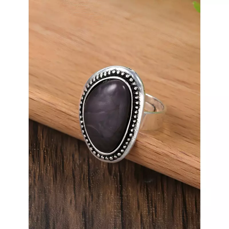 Inel Ajustabil Geometric cu Piatra Neagra, Argintiu - 14671