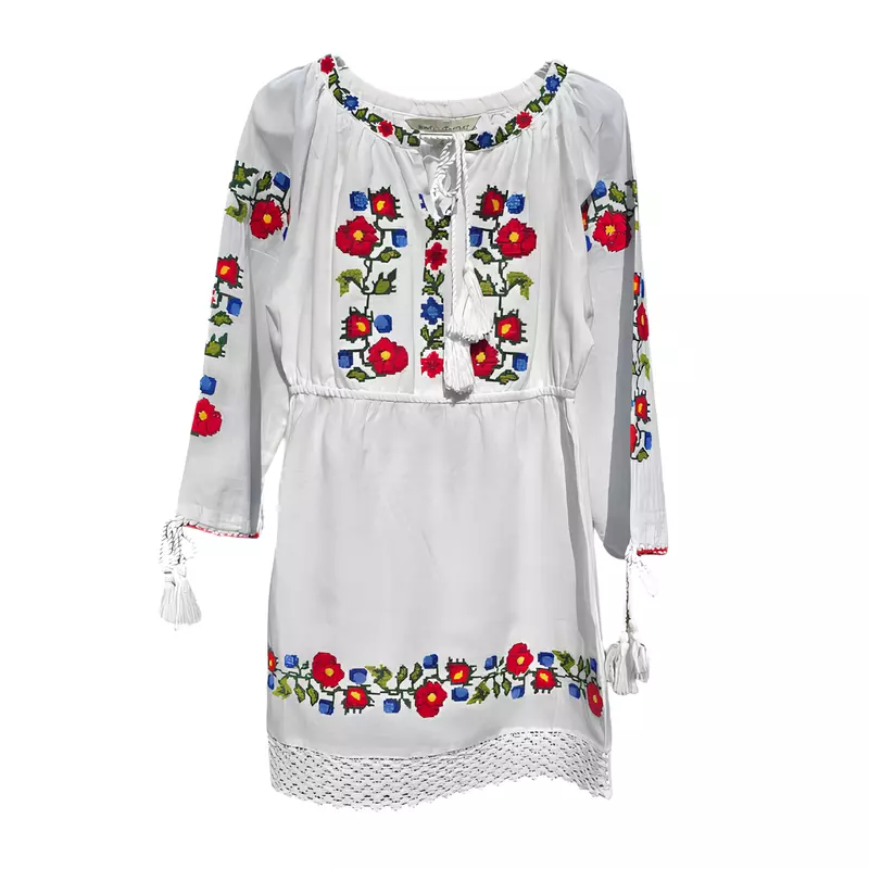 Compleu Traditional Alb pentru Fetite cu Motiv Floral Rosu -  RTF34