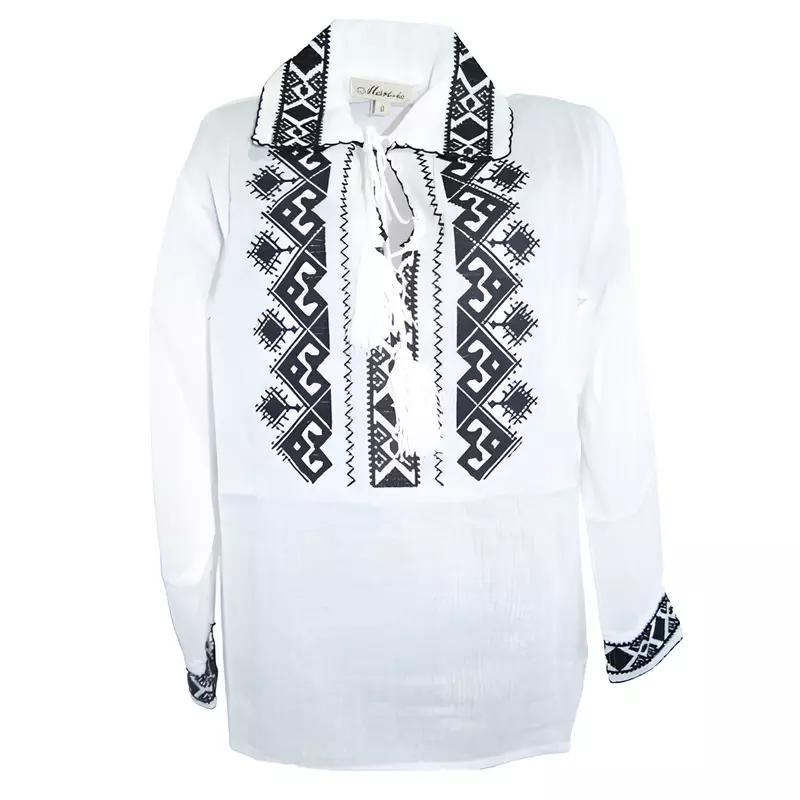 Camasa Tip Ie Traditionala de Baieti Alba cu Motiv Geometric Negru - ITB45