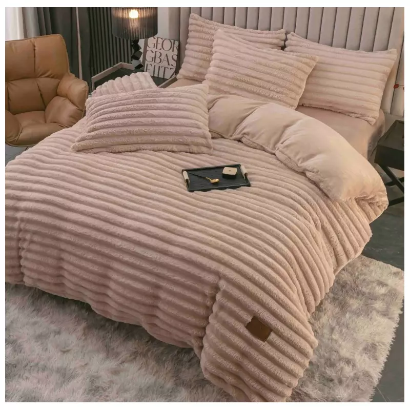 Lenjerie de Pat Cocolino , Cearceaf cu Elastic, 4 Piese, Blană de Iepure Artificială, Cappuccino - JOJ669