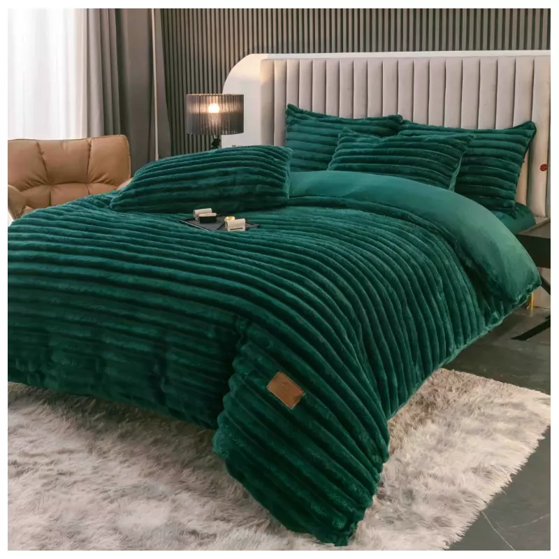 Lenjerie de Pat Cocolino , Cearceaf cu Elastic, 4 Piese, Blană de Iepure Artificială, Verde Smarald - JOJ676