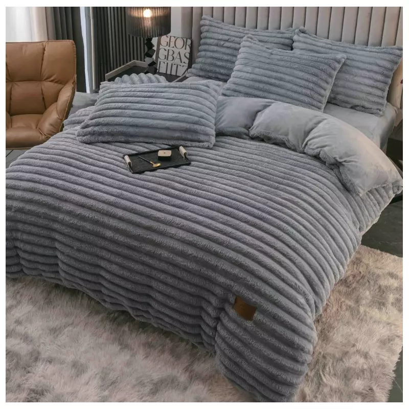 Lenjerie de Pat Cocolino , Cearceaf cu Elastic, 4 Piese, Blană de Iepure Artificială, Gri Deschis - JOJ671