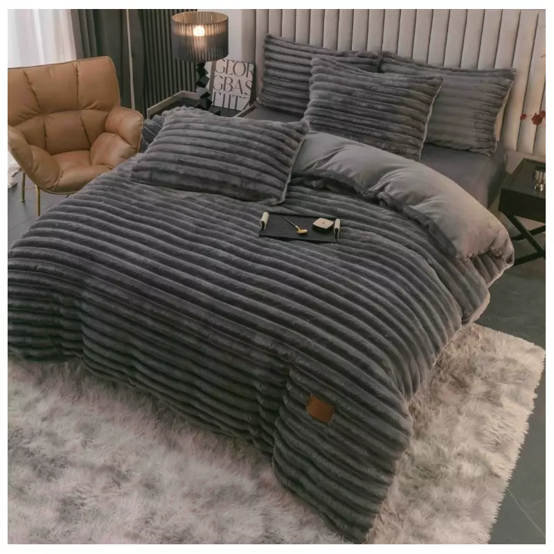 Lenjerie de Pat Cocolino , Cearceaf cu Elastic, 4 Piese, Blană de Iepure Artificială, Gri Inchis - JOJ672