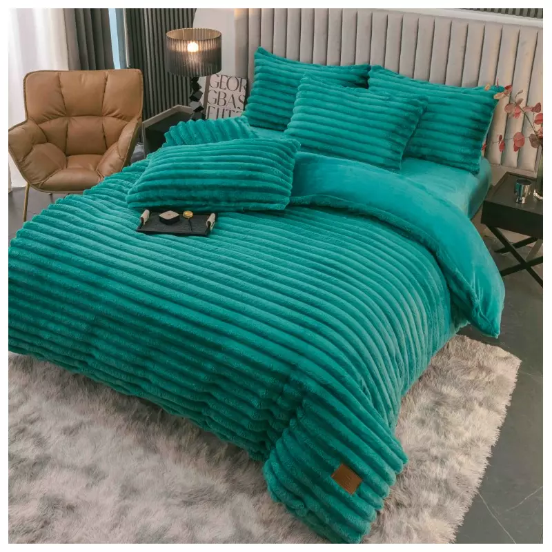 Lenjerie de Pat Cocolino , Cearceaf cu Elastic, 4 Piese, Blană de Iepure Artificială, Verde Turcoaz - JOJ677