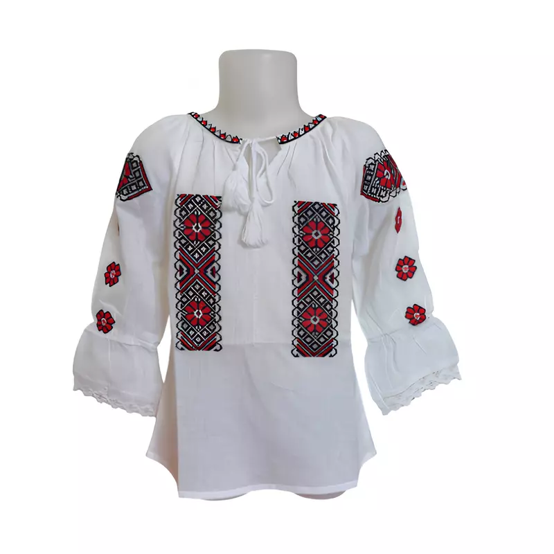 Ie traditionala alba pentru fetite cu motiv floral rosu - ITF99