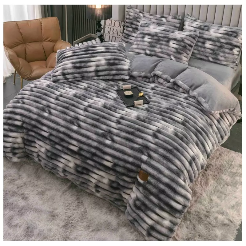 Lenjerie de Pat Cocolino , Cearceaf cu Elastic, 4 Piese, Blană de Iepure Artificială, Gri Pestrit - JOJ673