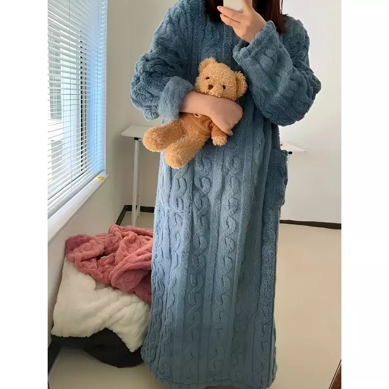 Pijama Dama Cocolino, Stil Rochie cu Maneci Lungi, Albastru, OneSize - MEI66