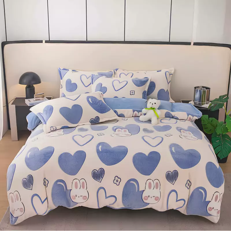 Lenjerie Cocolino 4 Piese Pentru Pat Dublu cu Elastic- JO285 Inimi Albastre