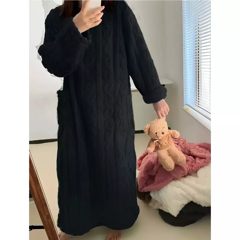Pijama Dama Cocolino, Stil Rochie cu Maneci Lungi, Negru, OneSize - MEI65