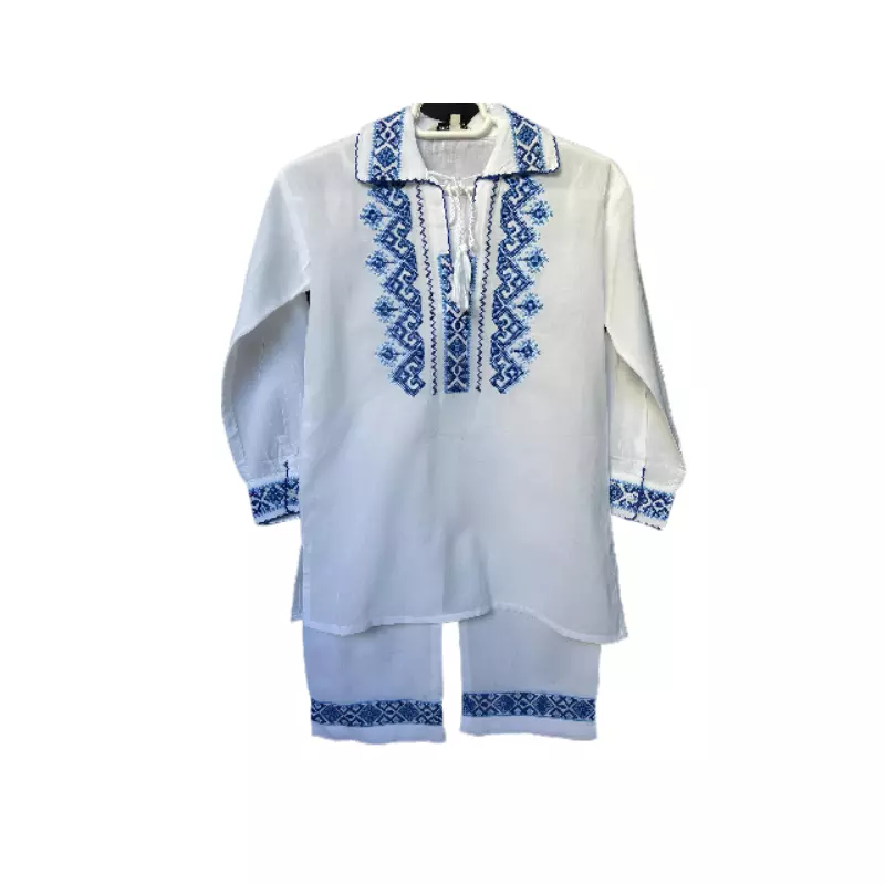 Compleu Traditional Alb pentru Baieti cu Motiv Geometric Albastru - IMS27