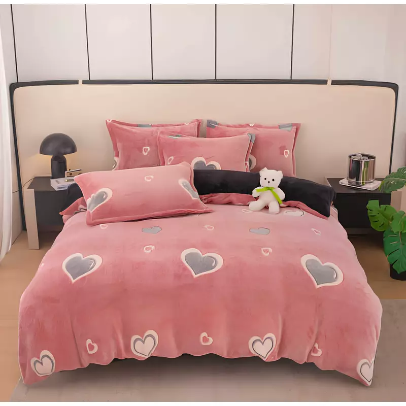 Lenjerie Cocolino 4 Piese Pentru Pat Dublu cu Elastic - JOJ645 Roz cu Inimi