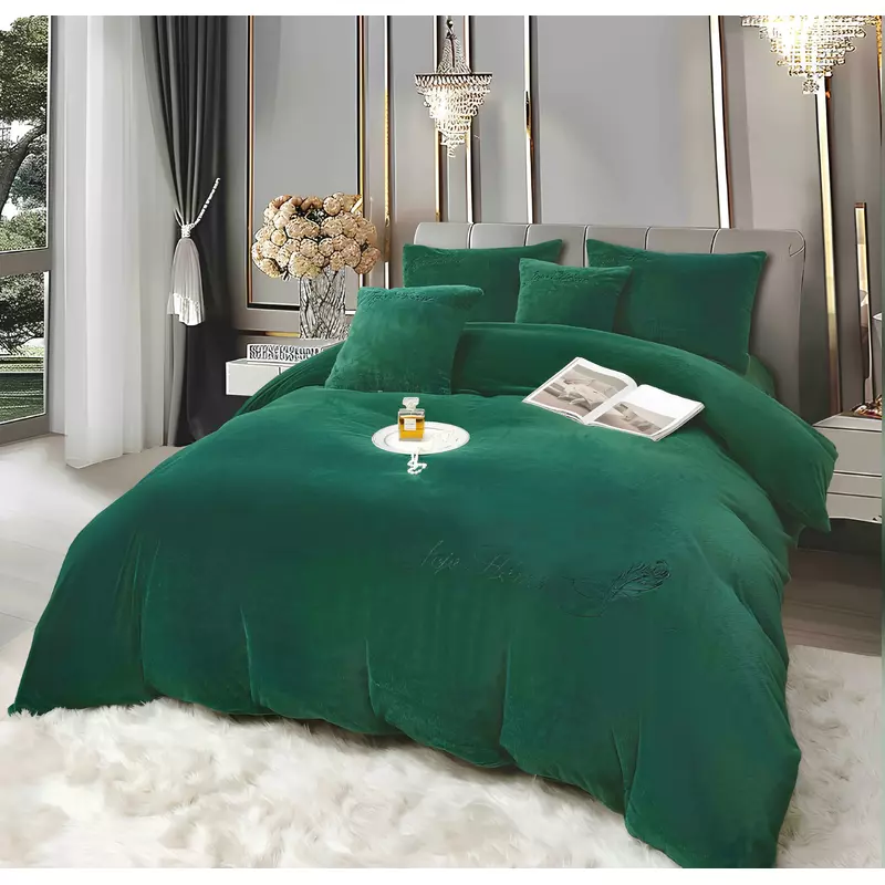 Lenjerie de Pat Brodate , Cearceaf cu Elastic, 6 Piese, Blană de Iepure Artificială cu Fir Scurt, Verde - JOJ636