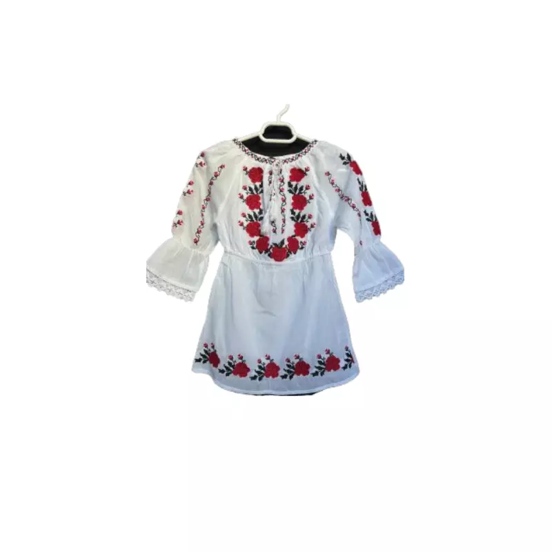 Compleu Traditional Alb pentru Fetite cu Motiv Floral Rosu -  RTF36
