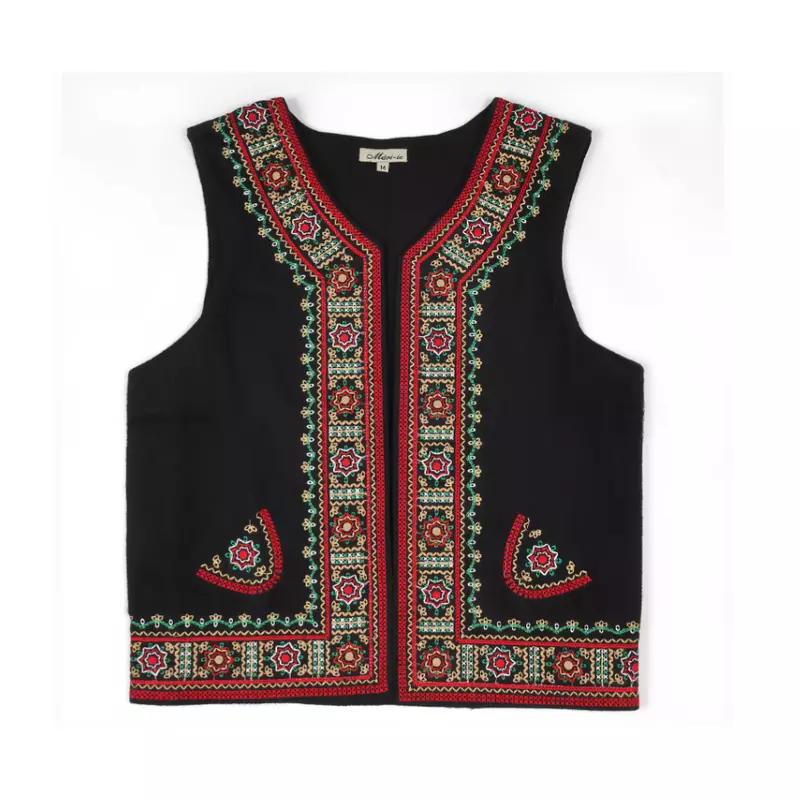 Vesta traditionala neagra pentru fetite cu broderie florala multicolora - VTF05
