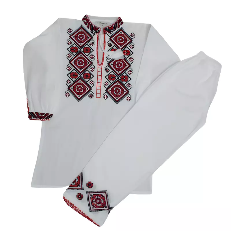 Compleu Traditional Alb pentru Baieti cu Motiv Geometric Rosu - IMS27A