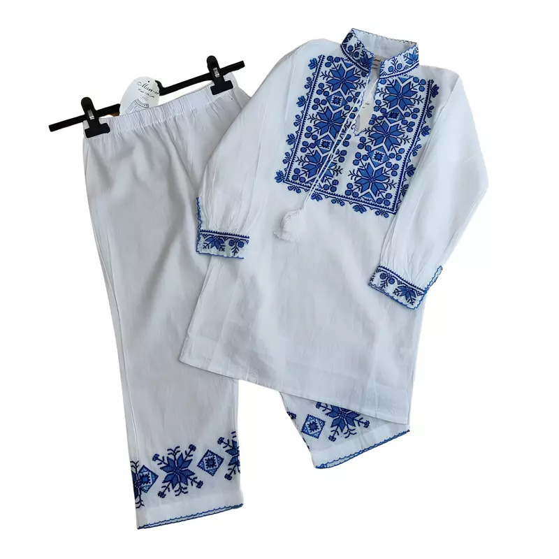 Compleu Traditional Alb pentru Baieti cu Motiv Geometric Rosu - IMS27A
