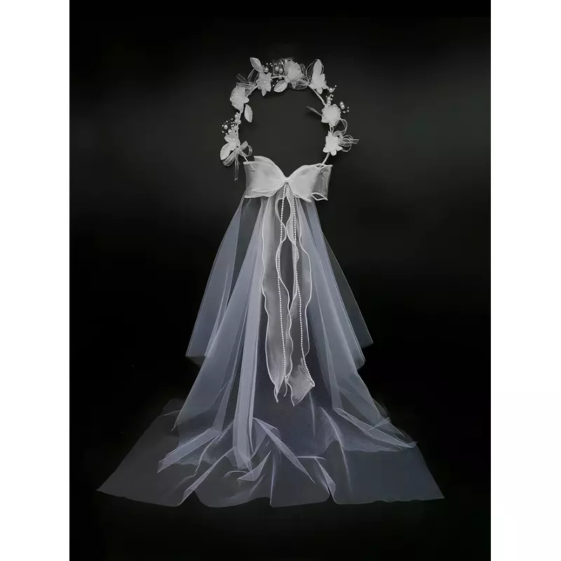 Coronita cu Voal, cu Perle Artificiale, 140x80 cm, Alb - 43187