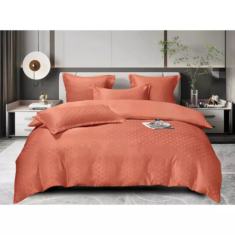 Lenjerie de Pat, Jacquard Satinat,  cu Elastic, pentru Pat Dublu, 6 Piese, Caramiziu - ION80
