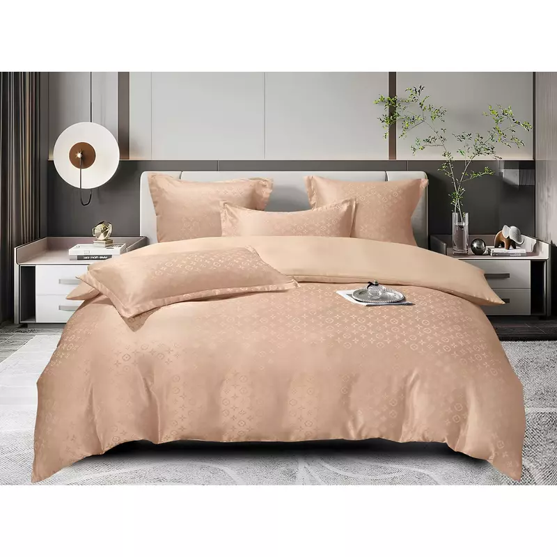Lenjerie de Pat, Jacquard Satinat cu Elastic, pentru Pat Dublu, 6 Piese, Cafea cu Lapte - ION82