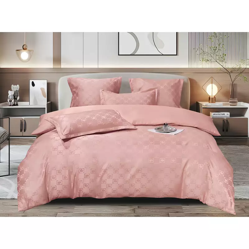 Lenjerie de Pat, Jacquard Satinat cu Elastic, pentru Pat Dublu, 6 Piese, Roz Pudra - ION83