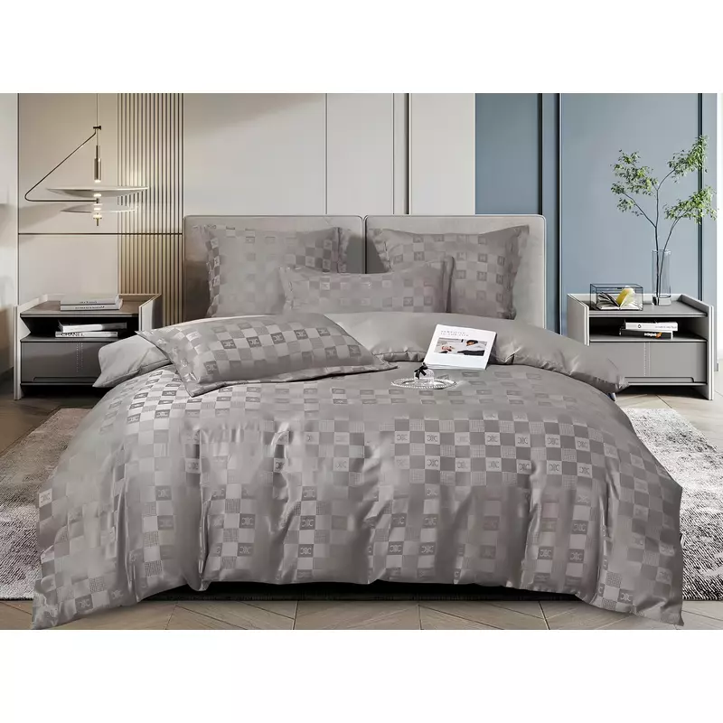 Lenjerie de Pat, Jacquard Satinat cu Elastic, pentru Pat Dublu, 6 Piese, Gri - ION86