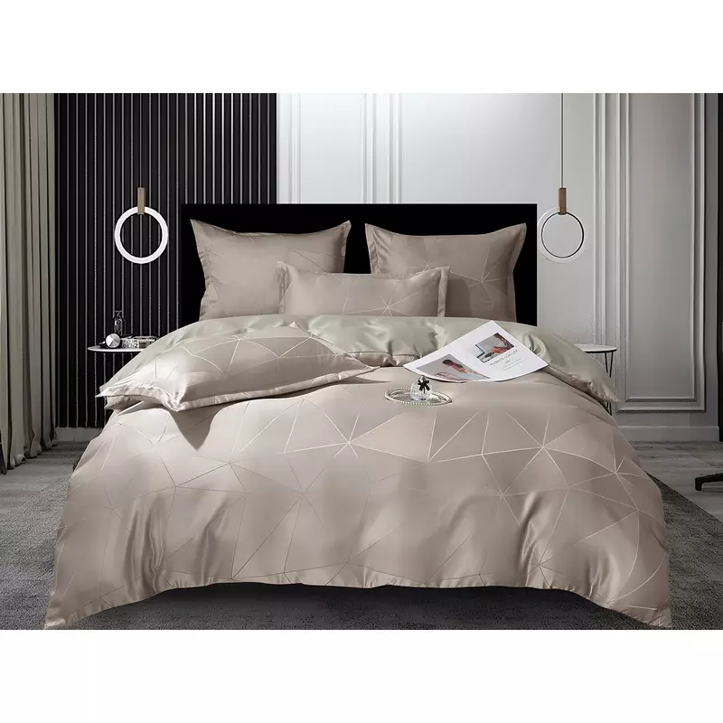 Lenjerie de Pat, Jacquard Satinat cu Elastic, pentru Pat Dublu, 6 Piese, Cappucinno - ION92