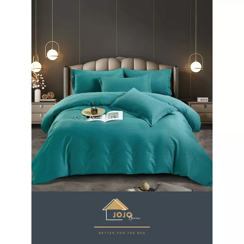 Lenjerie de Pat Damasc 6 Piese, Dungi Duble, Turquoise - JOJ791