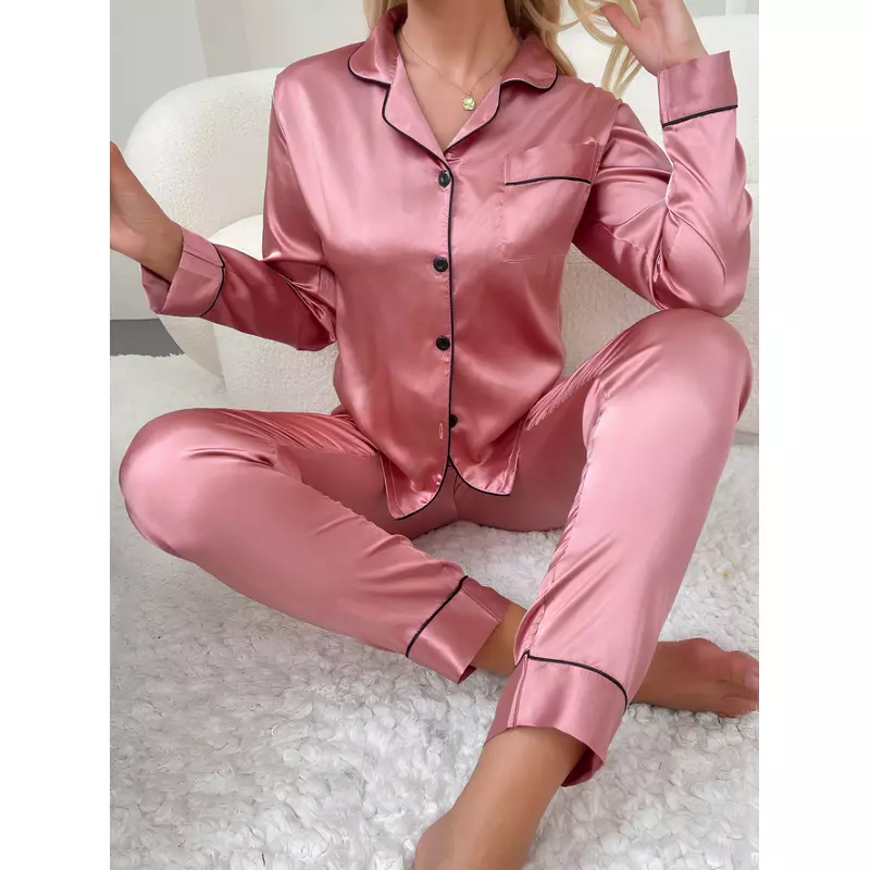 Set Pijama de Dama 2 Piese din Satin, Roz Pudra - MEI81