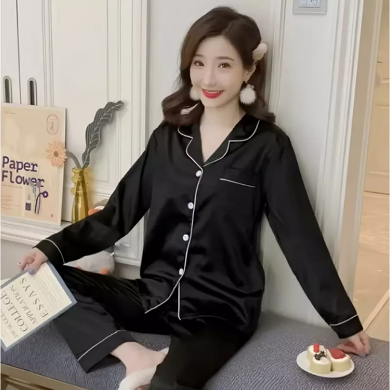 Set Pijama de Dama 2 Piese din Satin, Negru - MEI82