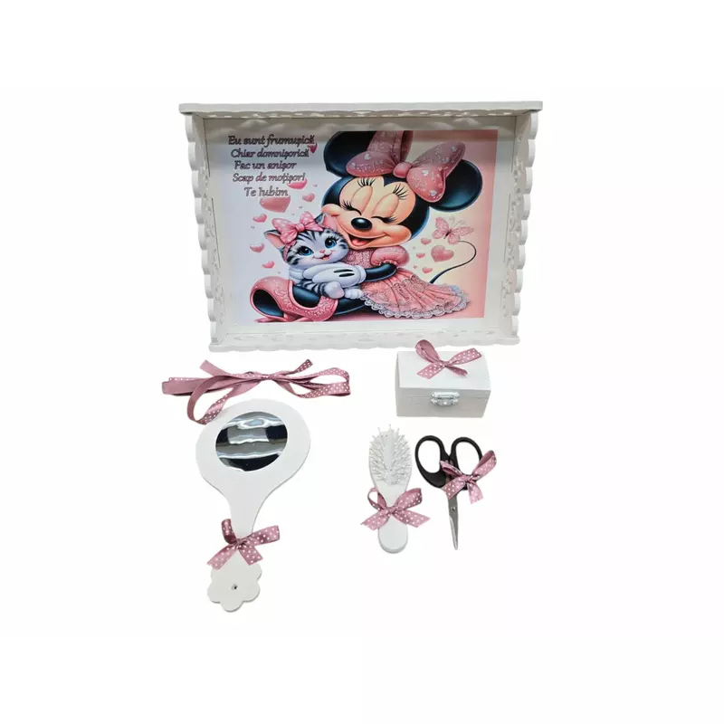Tavita Turta cu 6 Piese - Minnie si Pisica - TPT64 Alb cu Roz