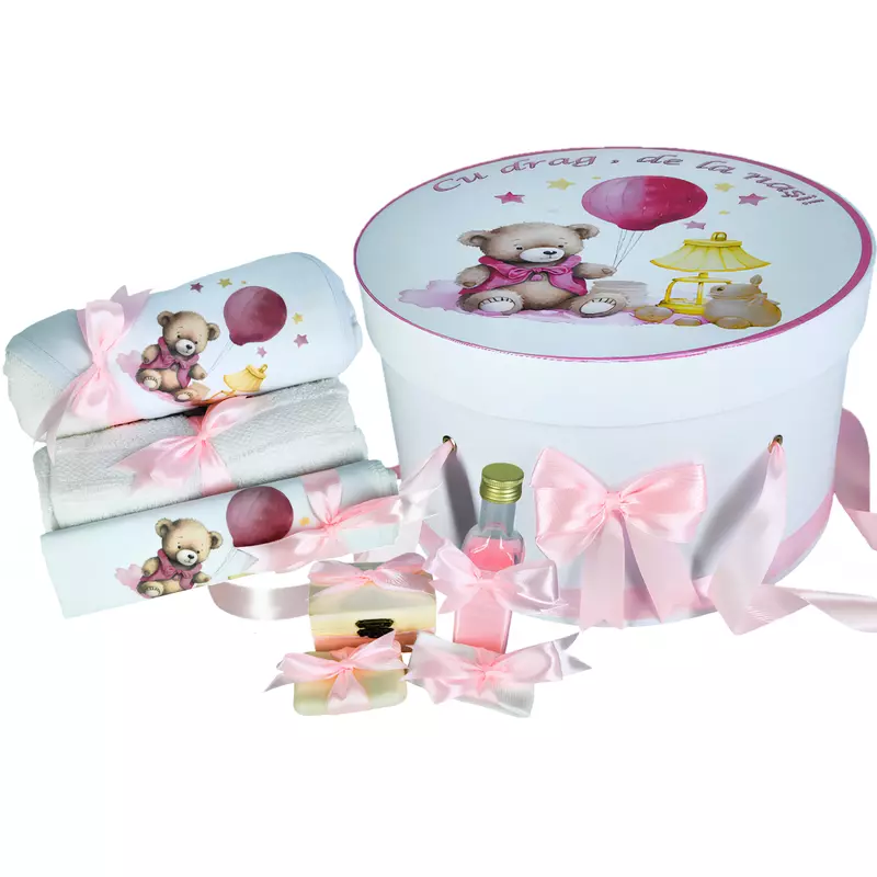 Trusou botez, 8 Piese. Model Ursulet cu Balon, Roz Perlat-  BAB185