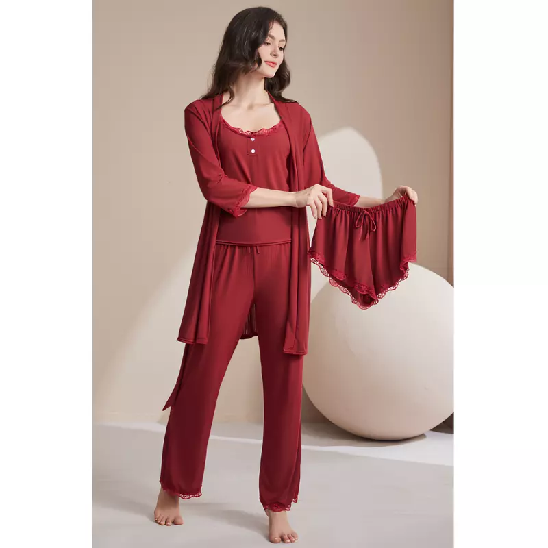 Set Pijama de Dama 4 Piese, Rosu - ANI158