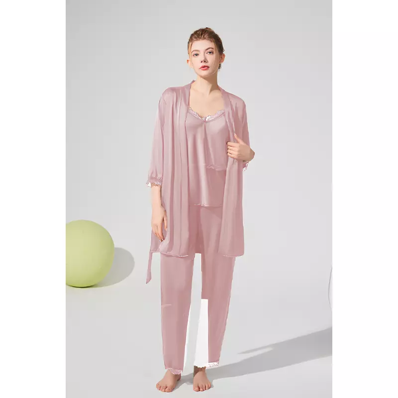 Set Pijama de Dama 3 Piese din Satin, Roz - ANI159