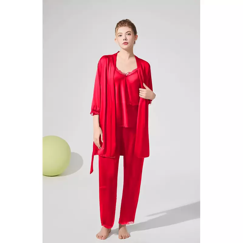 Set Pijama de Dama 3 Piese din Satin, Rosu - ANI160
