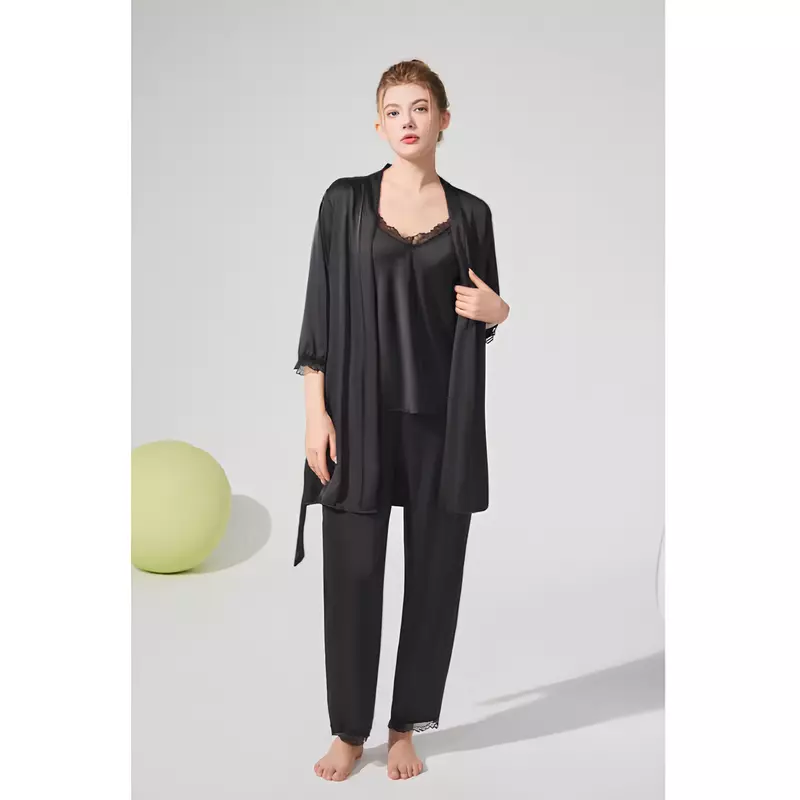 Set Pijama de Dama 3 Piese din Satin, Negru - ANI162