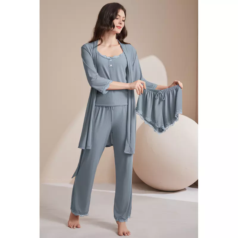 Set Pijama de Dama 4 Piese, Albastru - ANI155