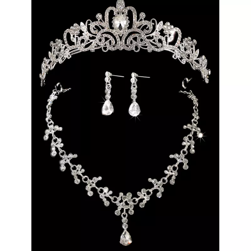 Set Diadema (Coronita) Mireasa Model cu Pietre si Strasuri, Colier si Cercei - Argintii - 587900