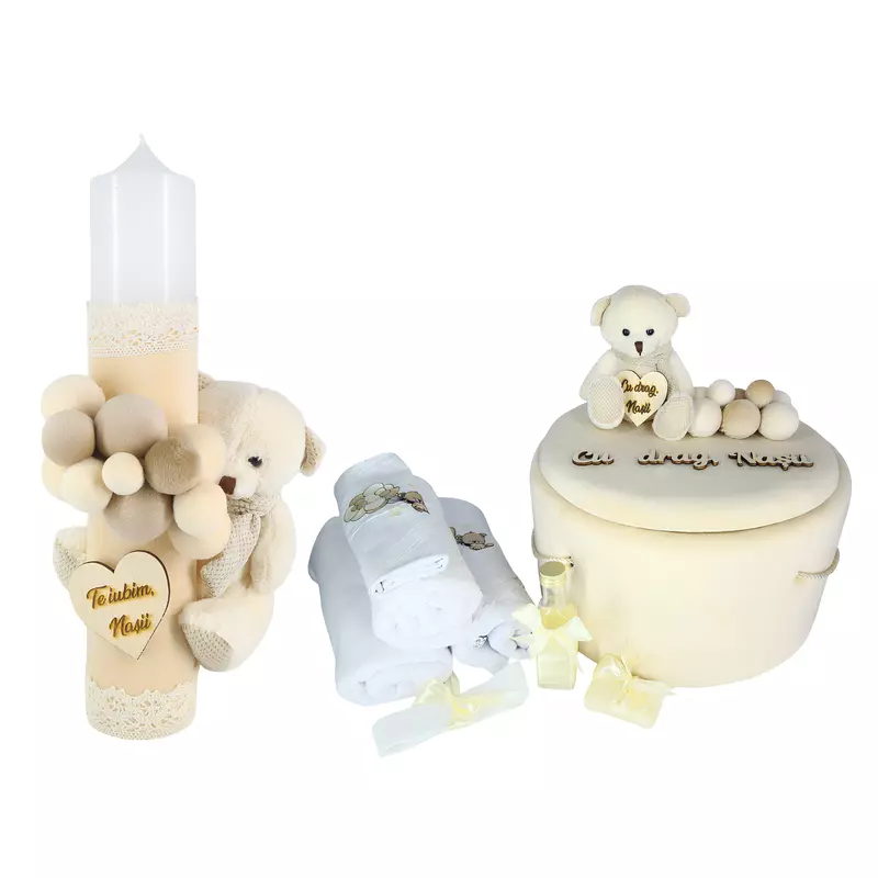 Set Trusou Botez si Lumanare, 9 Piese, cu Ursulet, Crem, din Catifea - TB242