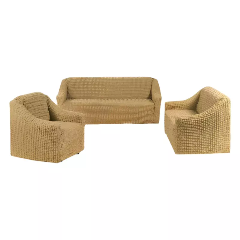 Huse Elastice si Creponate fara Volane, Canapea 3 Persoane + 2 Fotolii, Bej - HCL254