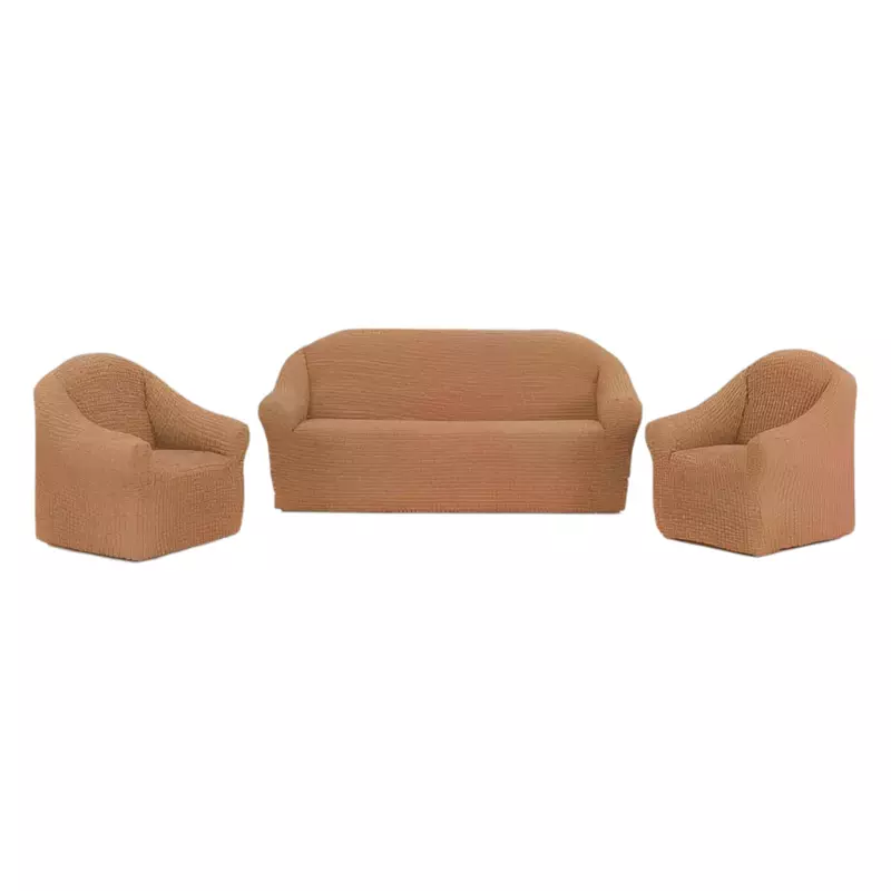 Huse Elastice si Creponate fara Volane, Canapea 3 Persoane + 2 Fotolii, Coniac Bej - HF04
