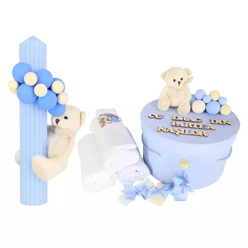 Set Trusou Botez si Lumanare, 9 Piese, cu Ursulet, Albastru Deschis din Catifea - TB255