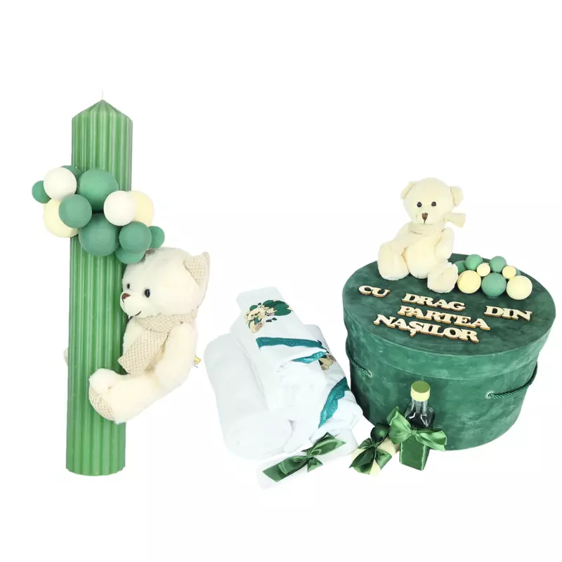 Set Trusou Botez si Lumanare, 9 Piese, cu Ursulet, Verde Smarald din Catifea - TB257